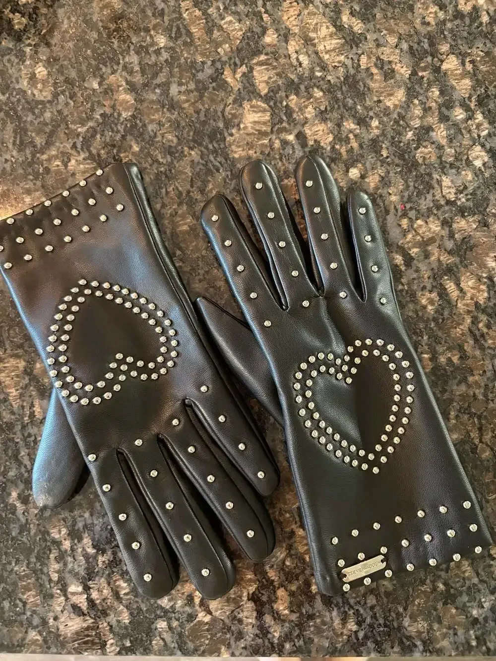 Steve Madden Women's Black Faux Leather Studded Heart Gloves